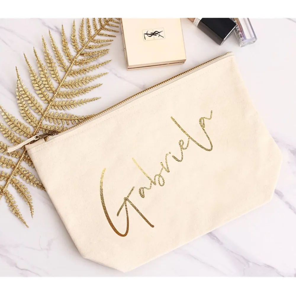 Canvas gold silver bride makeup bag,custom zipper Cosmetic Bag, hen do make up Bag , bridesmaid favor Gift ,wedding Toiletry Bag