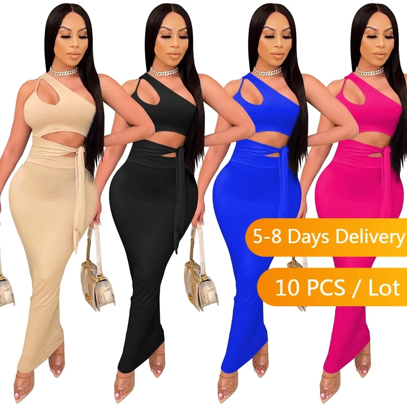 

Bulk Items Wholesale Lots Sexy Dress Sets Women Summer Bodycon Two Piece Set Party Hollow Out Bandage Crop Top Long Skirt Set