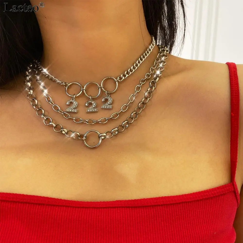 

Lacteo 3 Pcs/set Exaggerated Silver Digital Rhinestone Pendant Necklace for Women Sexy Multi Layer Round Circle Choker Necklace