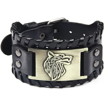 

Fashion Men Stainless Steel Wolf Head Bracelet Men's Leather Woven Bracelet
