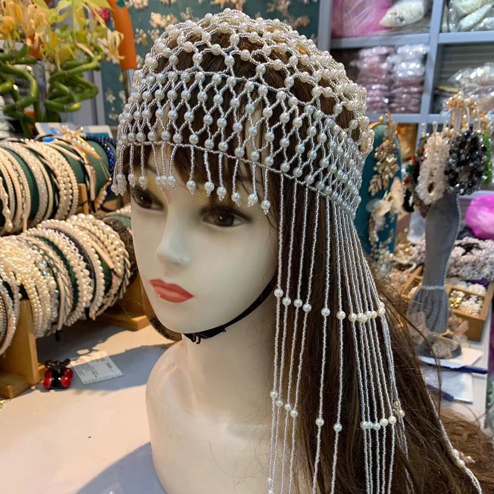 Luxury BridalTassel Pearl Hat Hair Jewelry Design Handmade Beaded Hat Wedding Hair Head Accessories customized product、high end luxury gold vitrine showcase jewelry display jewellery shop interior boutique display cabinet design