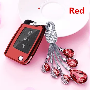 

Full-Protective TPU Soft Folding Key Case Shell Key Holder Key Covers For VW Golf 7 mk7 Skoda Octavia Artificial Crystal Pendant