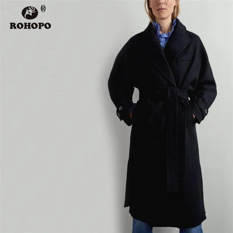 

ROHOPO Lapel Collar Belted Split Hem Black Midi Blend Coat Front Pockets Lace Up Buttons Cuff Solid Long Coat #2152