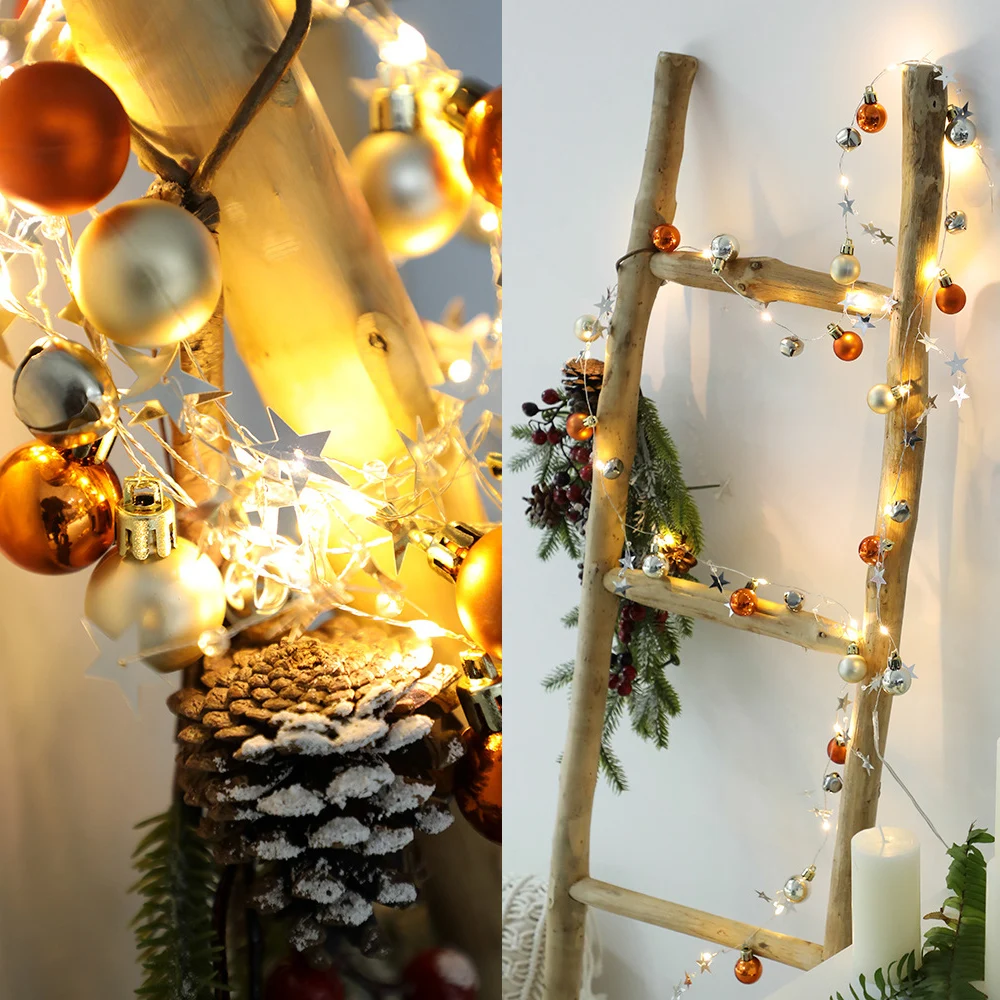 Рождественский светильник s светодиодный внутренняя елка украшения светодиодный светильник-гирлянда винтажные модные шары звезды колокольчики светодиодный Сказочный светильник D35