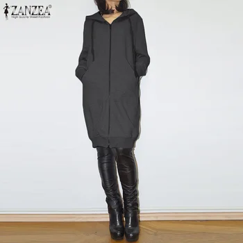 

Women's Sweatshirt ZANZEA Plus Size Ladies Casual Long Sleeve Hoodies Female Fashion Solid Pockets Hooded Loose Zipper Sudaderas
