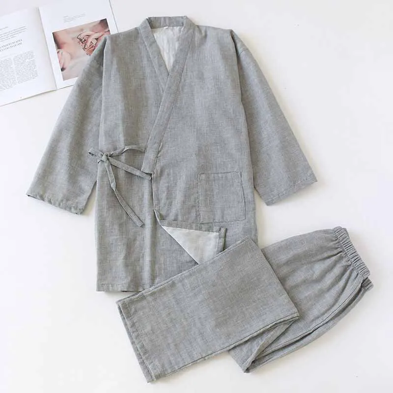 Couples Solid Color Pajamas Set Men And Women Sleepwear Japanese Robe+Pants Full Cotton Lovers Loose Thin Homewear For Autumn - Color: women grey