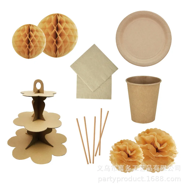 

Disposable Environmentally Friendly Kraftpaper Solid Color Tableware Set Paper Pallet Cup Paper Towel Adult Party Table Decorati