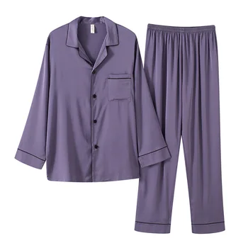 

Spring and autumn couple silk pajamas two piece men's and women's long sleeve ice silk home clothes set plus size