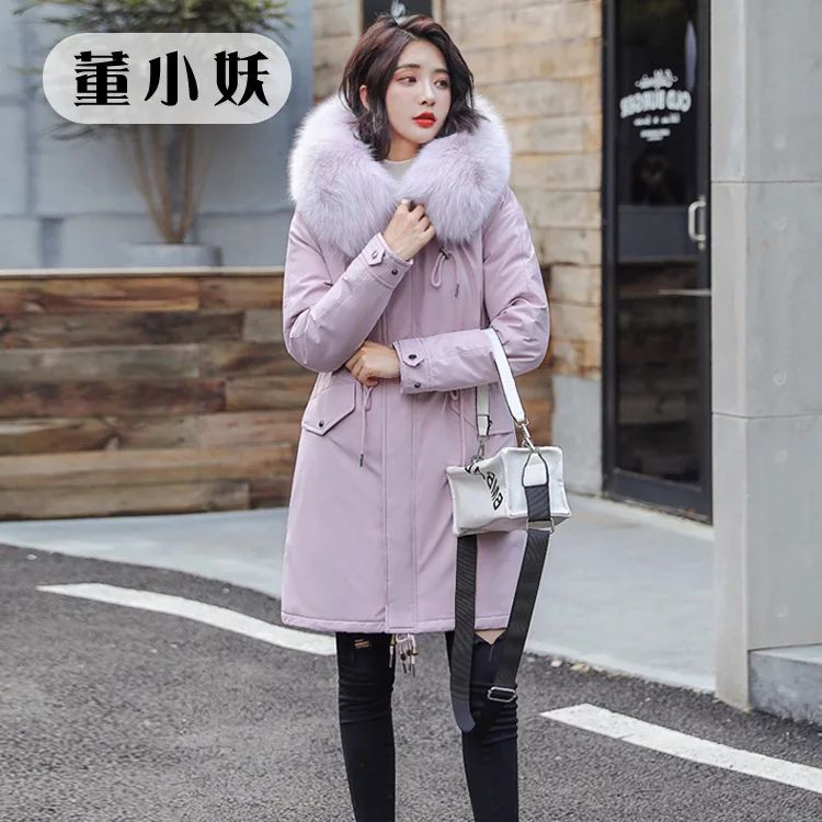 

Dong Small Demon 2019 Winter New Style down Jacket Cotton-padded Clothes Mid-length Waist Hugging Parka Faux Rabbit Fur Liner Co