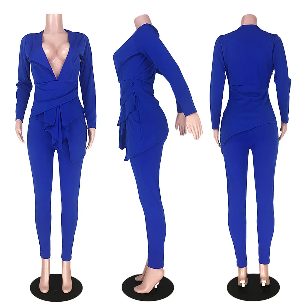 Echoine Long SLeeve Blazer Suit Set Two Piece Set ELegant Ruffle V-neck OL Work Office Matching Set Business Sexy Clothes - 4.00026E+12