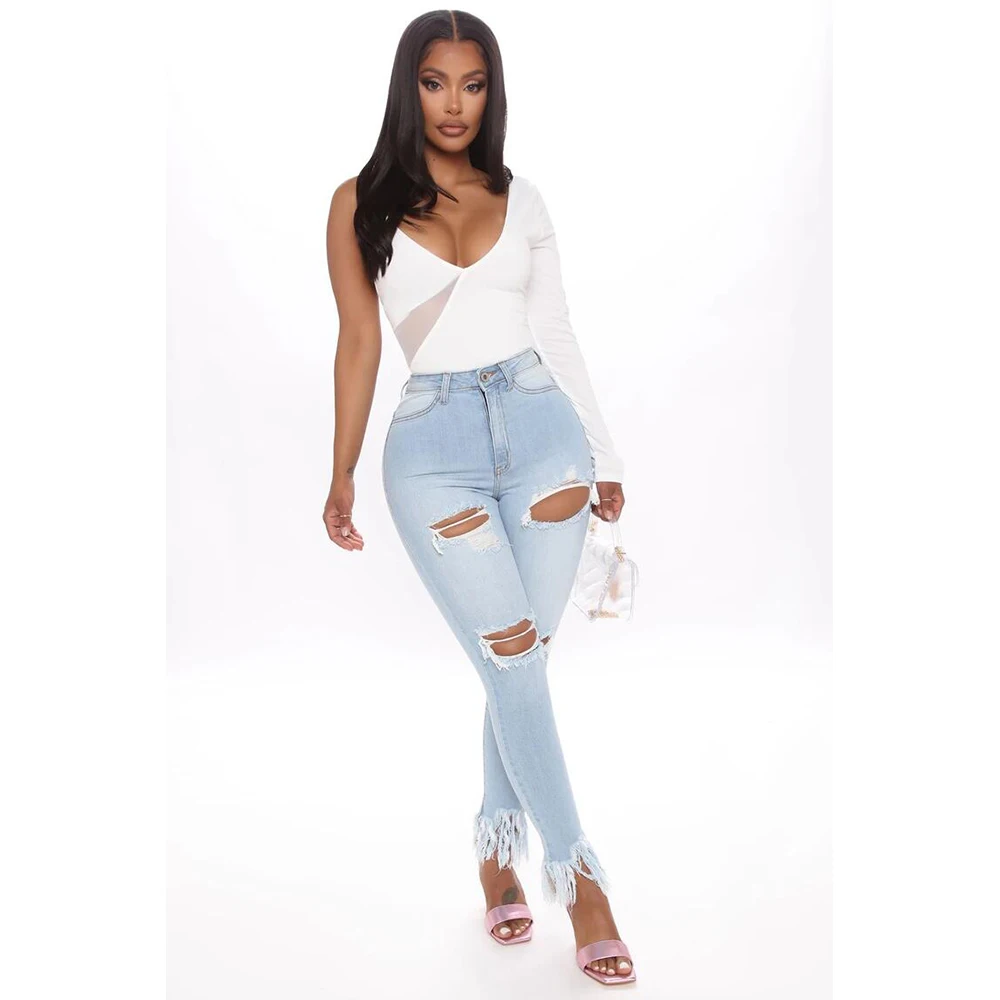 

High Waist Skinny Ripped Tight Feet Tassel Hole Stretch Jeans Light Color Pencil Pants 2020 Nine Points New Elastic Casual Jeans