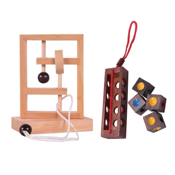 

2 Pcs Wooden Burr Puzzles Brain Teaser Toy: 1 Pcs Color Chess Crazy Four Keychain Toy & 1 Pcs Threading Loosened Unlock Ring Unl