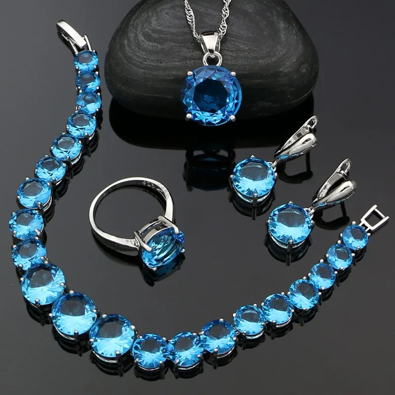 

Серебро 925 ювелирные изделия наборы Sky Blue кубический цирконий для женщин помолвка подарок серьги/Кольцо/браслет/кулон/ожерелье