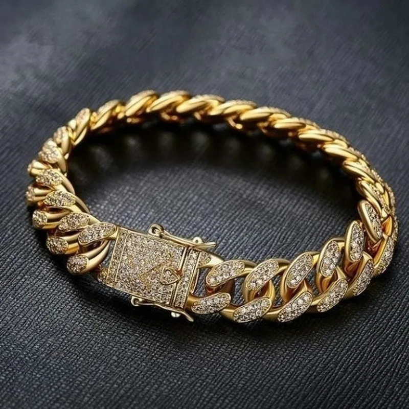 Модный мужской женский браслет золотого и серебряного цвета в стиле хип-хоп, панк, кубинские прозрачные стразы, браслеты для мужчин, подарок - Окраска металла: Gold