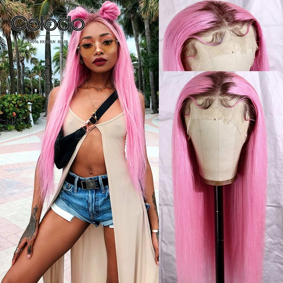 COLODO, розовый парик из человеческих волос, предварительно выщипанный, прямой, Омбре, парик на кружеве с естественными волосами, бразильские волосы Remy, цветные парики для женщин