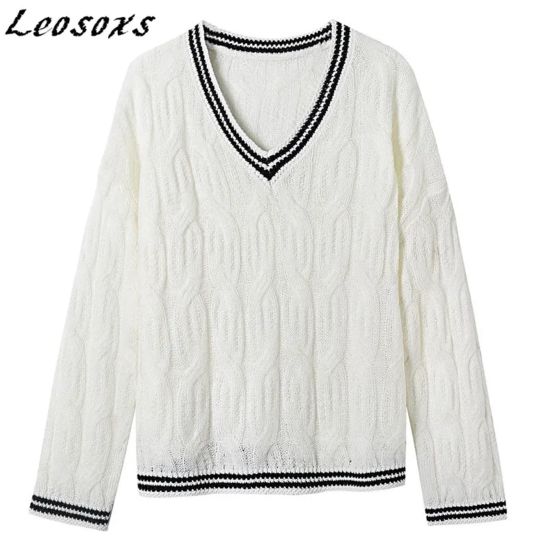 

Leosoxs Simple vintage loose V-Neck women sweaters pullovers Long Sleeve Knitted Soft Warm striped Sweater 2021Spring Autumn New