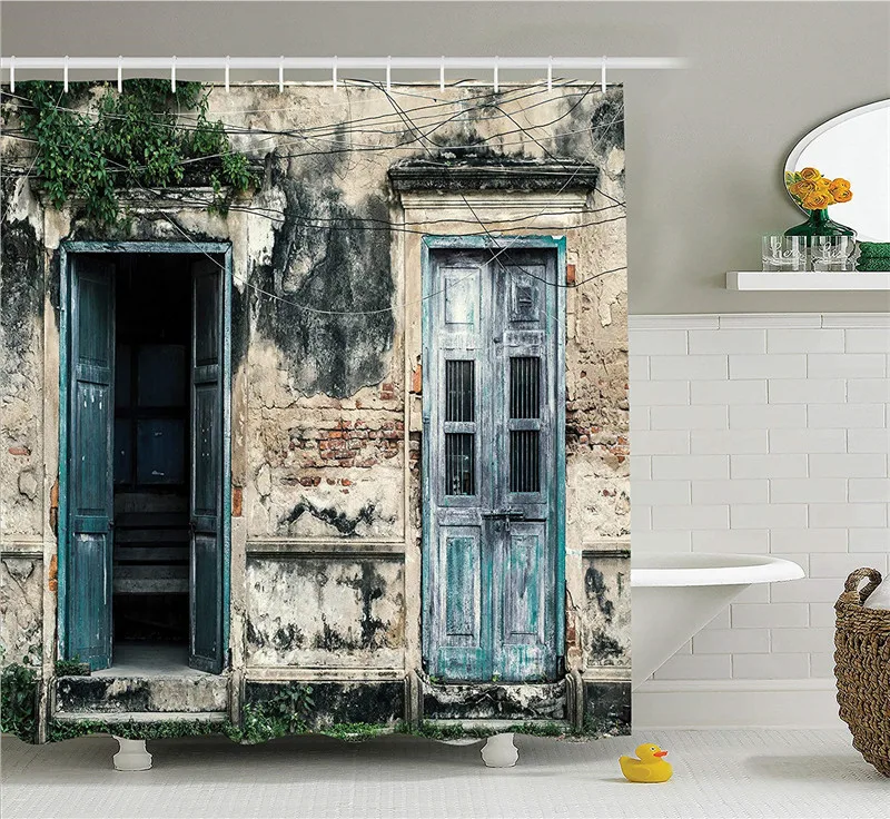 Rustic-Shower-Curtain-Doors-of-An-Old-Rock-House-with-French-Frame-Details-in-Countryside-European