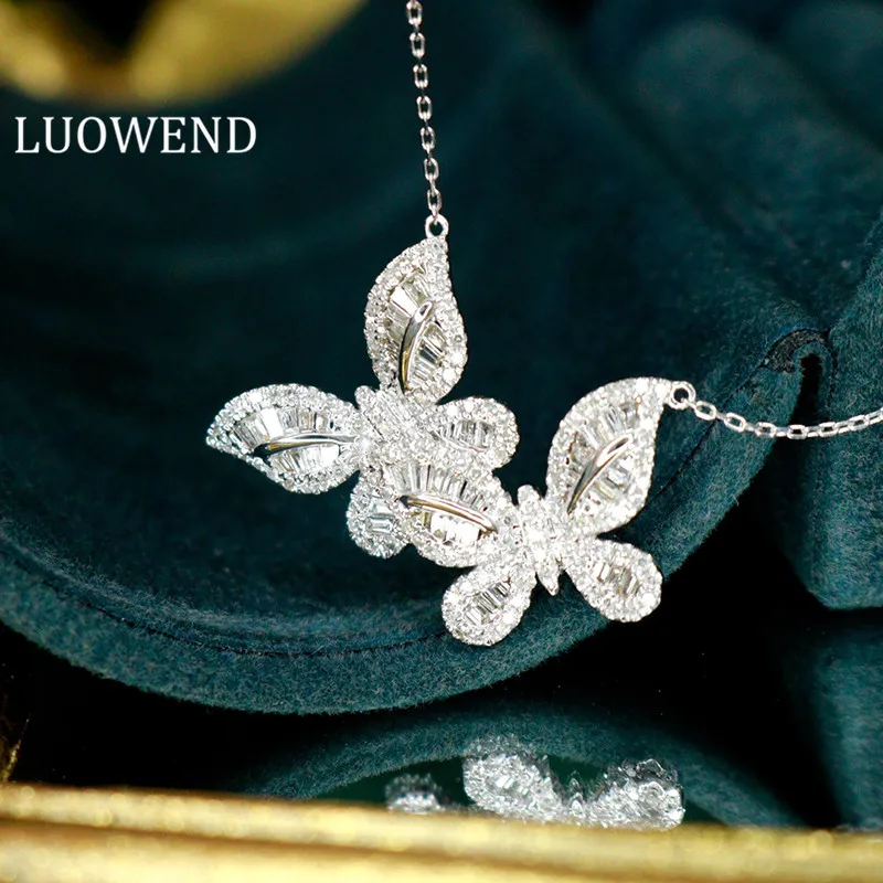 LUOWEND-18K 화이트 골드 펜던트 목걸이, 진짜 천연 다이아몬드 펜던트 더블 나비 모양 약혼 목걸이 정교한