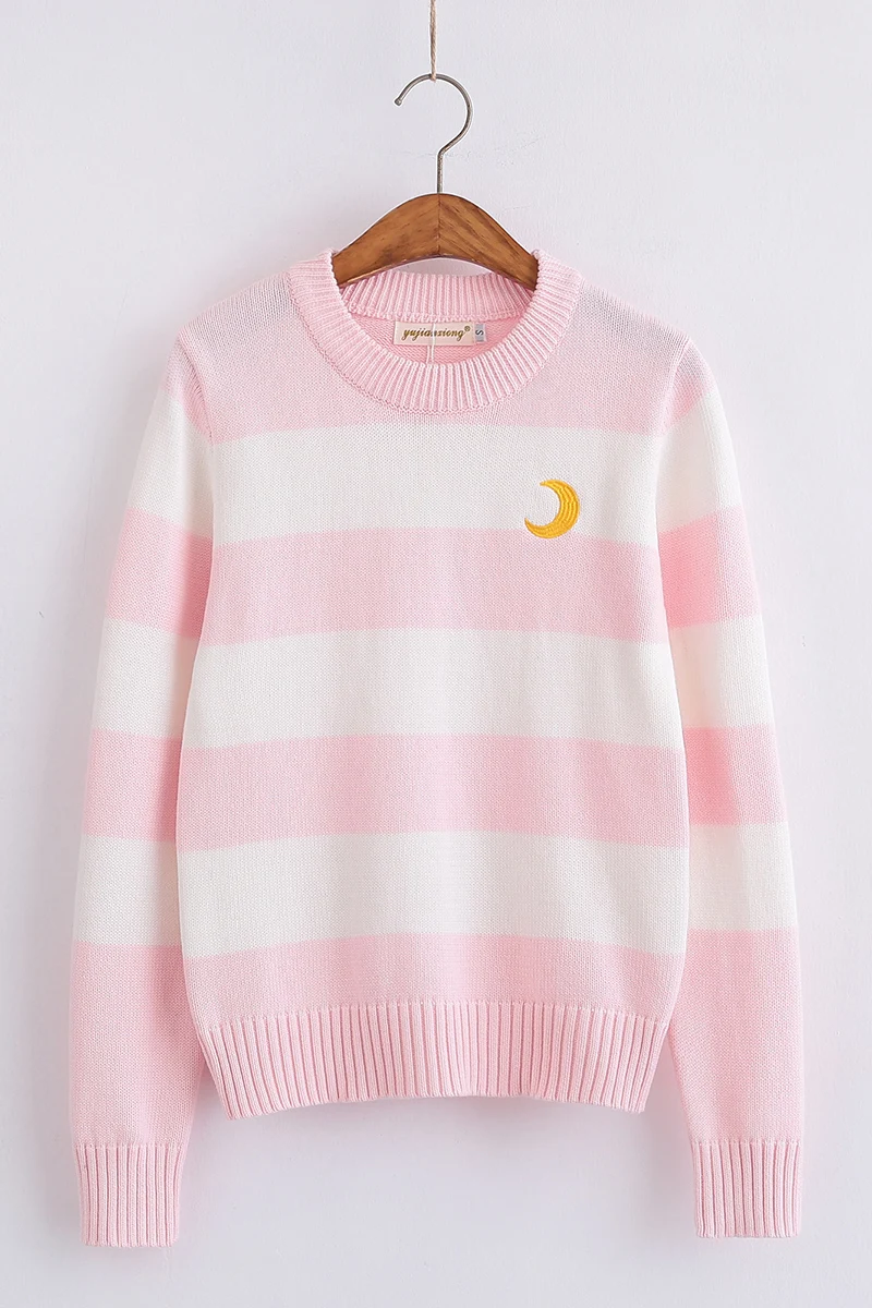 pink stripes С длинным рукавом Трикотажный пуловер свитер розового и белого цвета в полоску, милого фиолетового белого цвета в полоску с черными и белыми полосами - Цвет: pink stripes