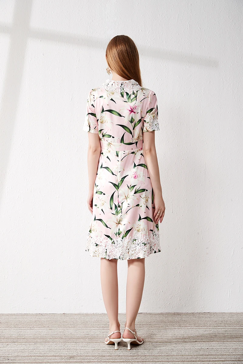 Summer Runway desigher dress High Quality Women Sweet Peter Pan Collar Elegant Chic Lace splice Floral Print Dresses