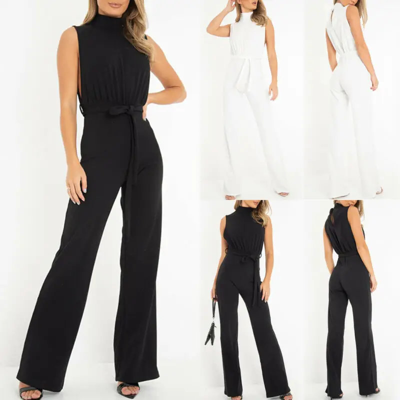 Zimaes-Women Casual Fashion Wide Leg Halter Contrast High Waisted Jumpsuit