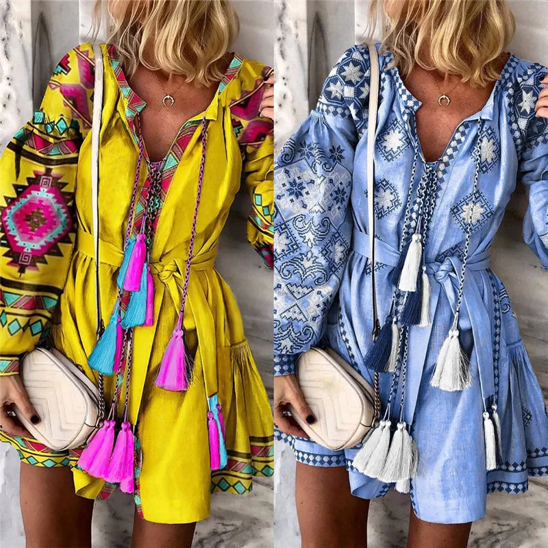 New 2020 Spring Autumn Women Casual Dress Elastic Waist V-Neck Printed Floral Print Dress Female Party Dress Vestidos