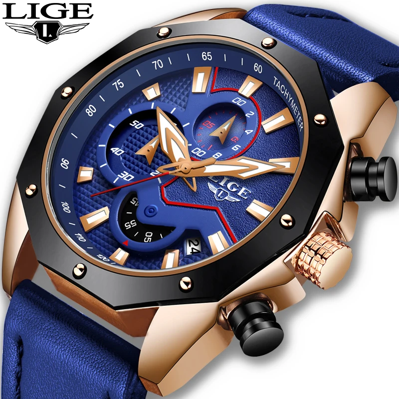  LIGE Watches Men's 2019 Luxury Brand Men Military Sport Quartz Clock Man Casual Leather Waterproof 
