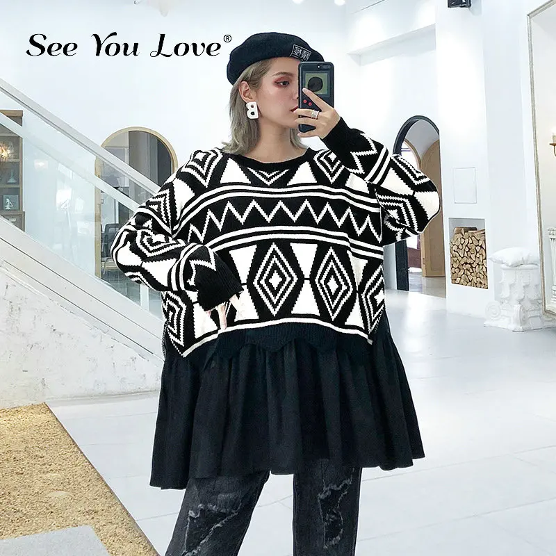 

See you love Pattern Pleated Big Size Knitting Sweater Loose Fit Round Neck Long Sleeve Women New Fashion Tide Autumn Winter