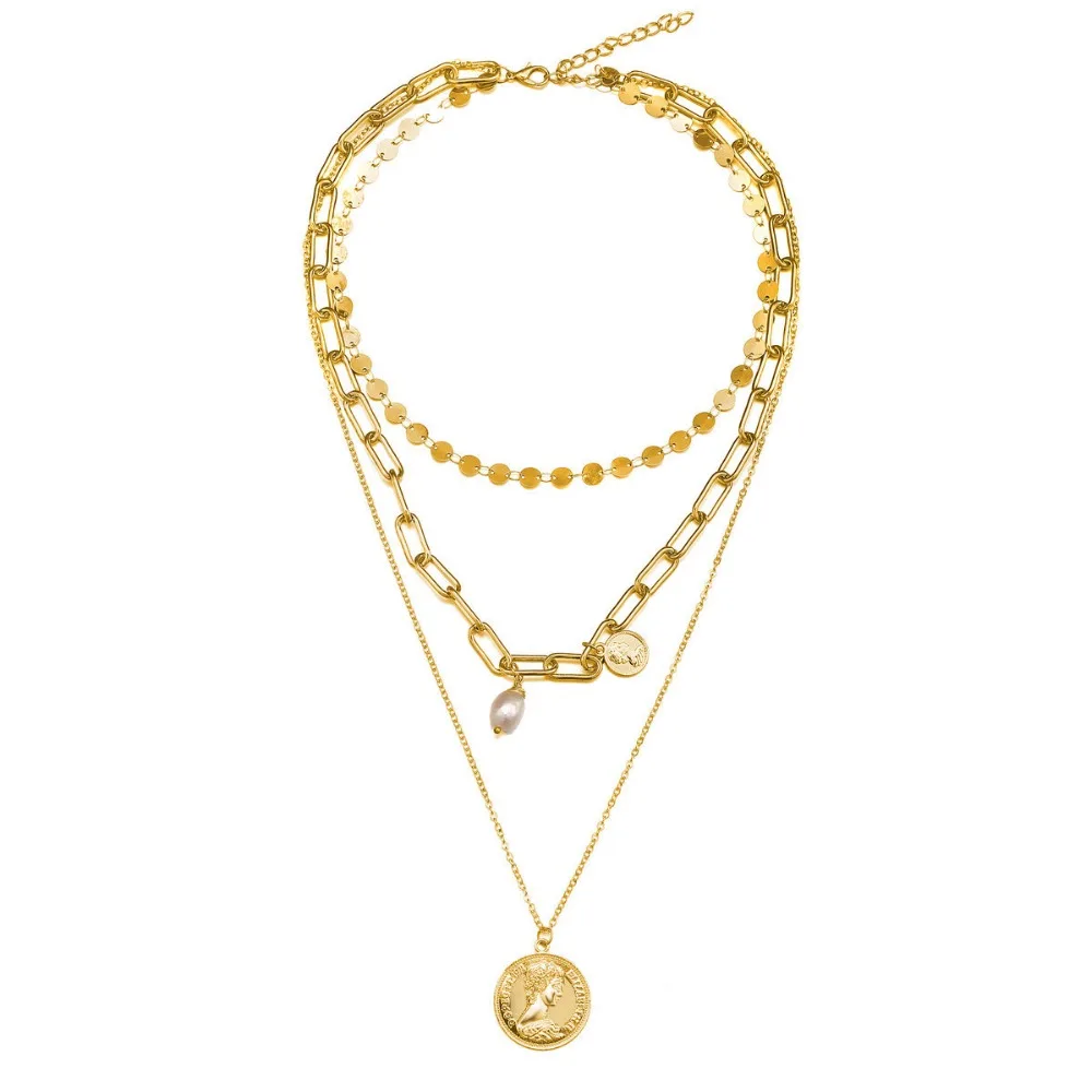 KMVEXO винтажное панк Золотое монета с портретом жемчужное ожерелье с подвеской s для женщин Бохо модное многослойное длинное ожерелье ювелирное изделие подарок