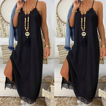 

Casual Black Loose Sling Sleeveless Long Dress Summer WomenVestidos Fashion Lace Patchwork V-neck Summer Beach Dresses