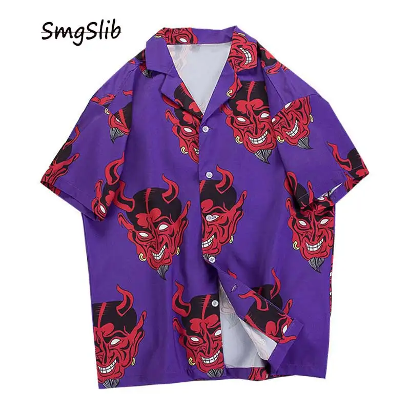 

Devil Print Hawaiian Shirts 2020 Men Beach Aloha Party Casual Holiday Short Sleeve Shirt Fashion Hip Hop Streetwear Top