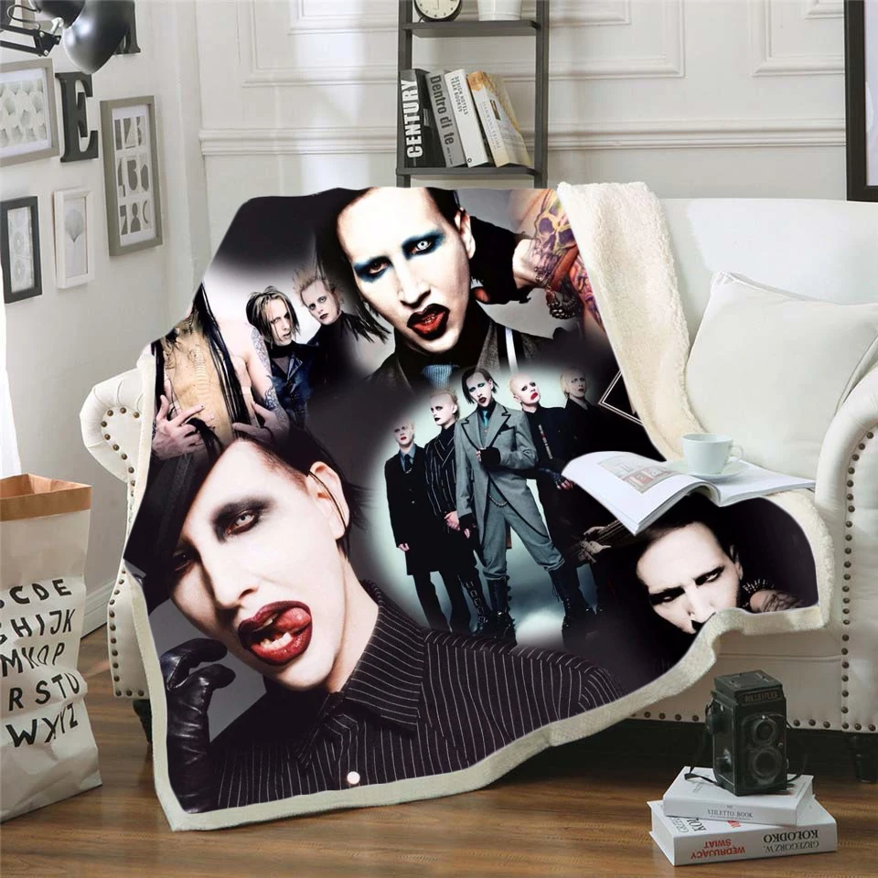 

Singer Marilyn Manson 3D Sherpa Blanket Velvet Plush Throw Fleece Blanket Bedspread Couch Sofa Quilt Cover Travel Bedding 0004
