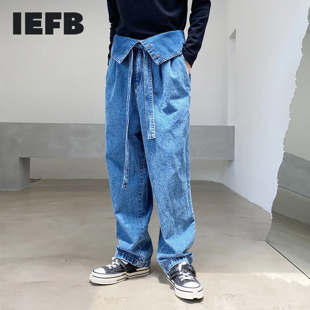 IEFB-pantalones vaqueros de alta para hombre, pantalón de mezclilla de pierna ancha de nicho, diseño doblado coreano, Y3390, 2021 - AliExpress