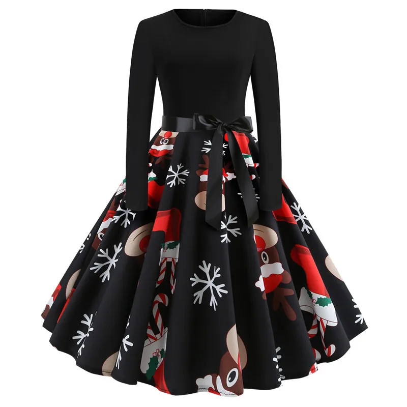 Рождественское винтажное платье с принтом, женское осенне-зимнее вечернее платье трапециевидной формы с длинным рукавом, vestidos Pin Up 50s 60s Robe Femme размера плюс