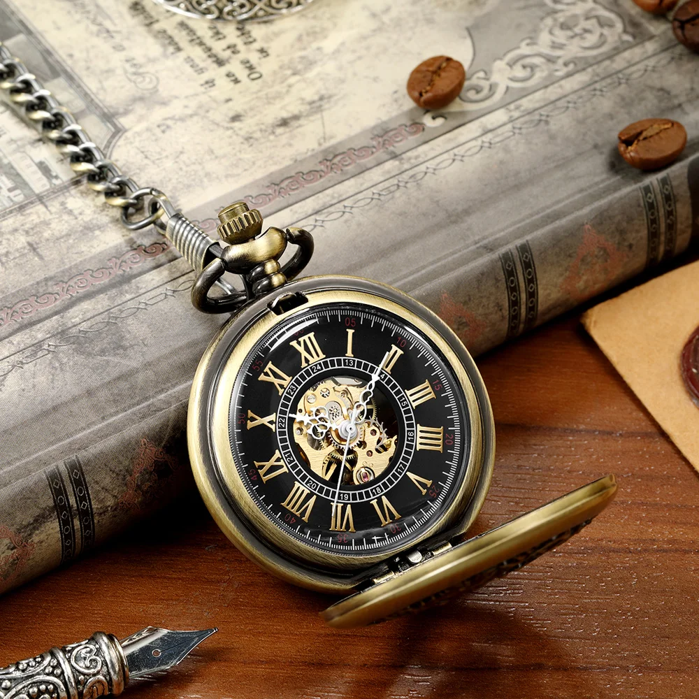 Classic Retro Automatic Mechanical Men's Pocket Watch Roman Numeral Dial Dragon Phoenix Engraving Pattern Watches Hollow Design