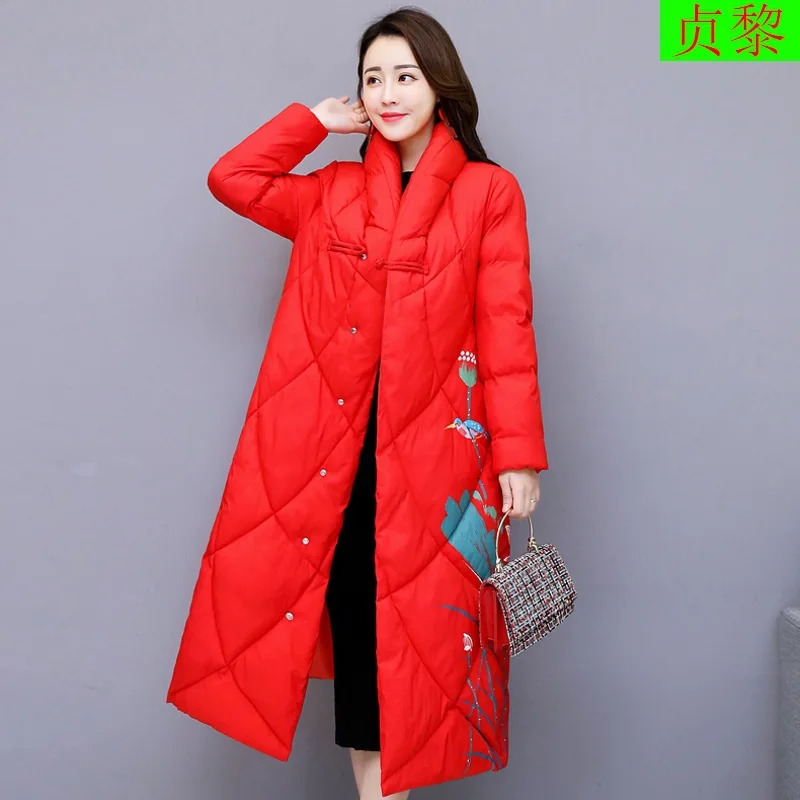 

Ethnic-Style Cotton-padded Jacket Women's 2018 Winter New Style Korean-style Loose-Fit Printed Chinese-style Mid-length over-the