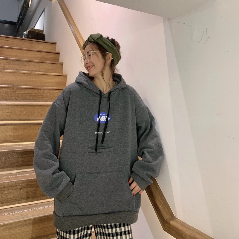 Ulzzang свободные Bf карман печати с капюшоном негабаритных теплый Harajuku Kawaii Винтаж Толстовка толстые карманные Пуловеры Женская одежда