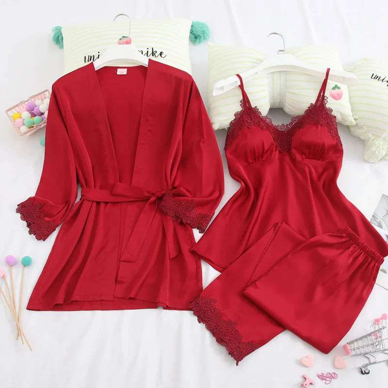 

Fiklyc Sexy Smooth Silk Ladies Thin Section With Chest Pad Nighty Set Penoir Femme Womens Lounge