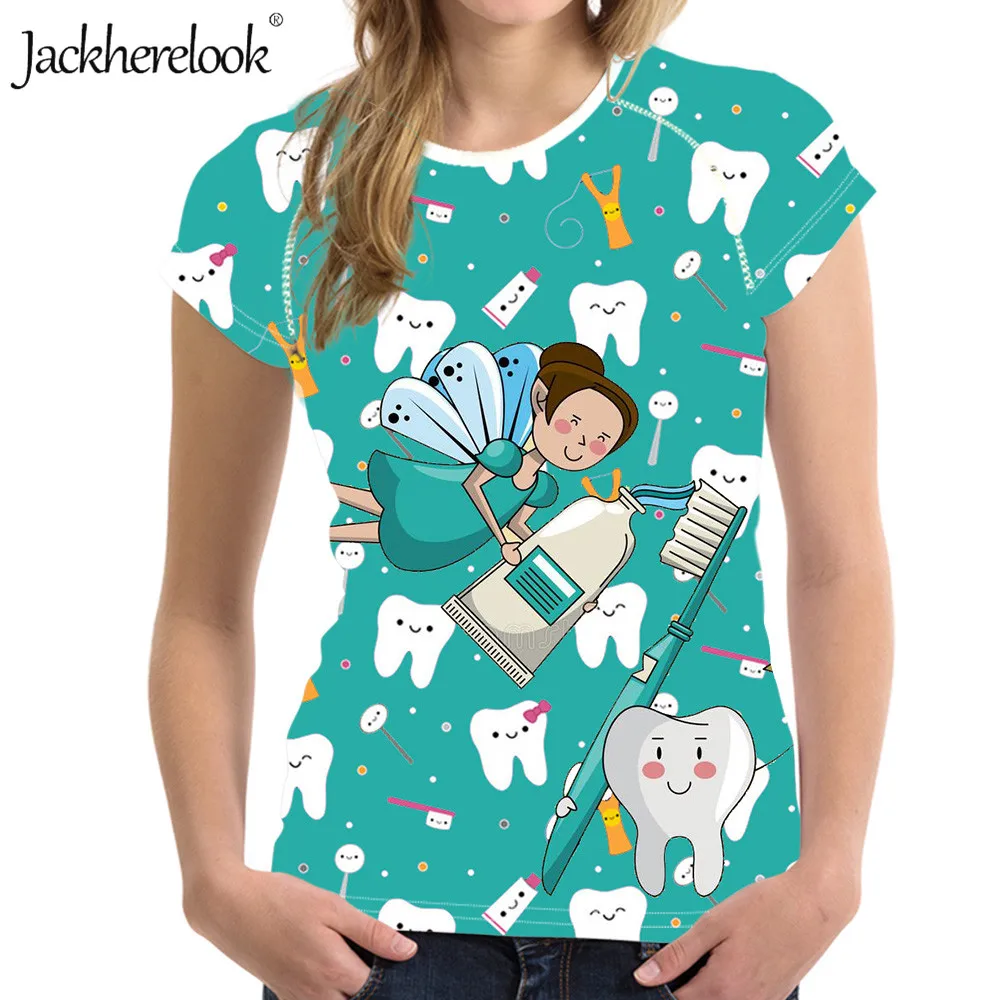 

Jackherelook Brand Designer Cute Cartoon Dental/Tooth/Dentist Fairy Print Summer Short Sleeve O-neck Tops Shirts Famale Clothing