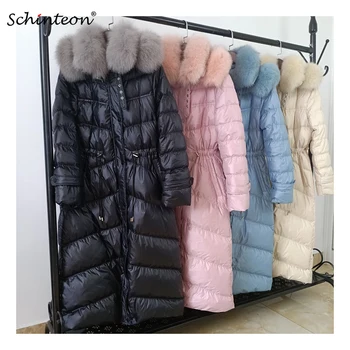 

2019 Schinteon New Down Jacket with Real Fox Fur Collar White Duck Down Long Warm Winter Outwear Hood Adjustable Belt