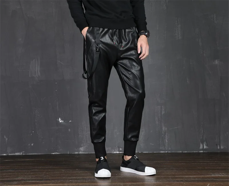 Мужские брюки из искусственной кожи, уличная одежда, облегающие брюки с эластичной резинкой на талии в стиле панк, черные брюки-шаровары в стиле хип-хоп, мужские мотоциклетные брюки, 3XL