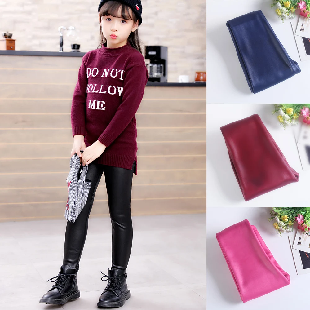 

LOOZYKIT Girl Pu Leather Winter Legging Warm Skinny Pants Autumn Winter Thick Velvet Warm Long Trousers Pants 3-10 Years