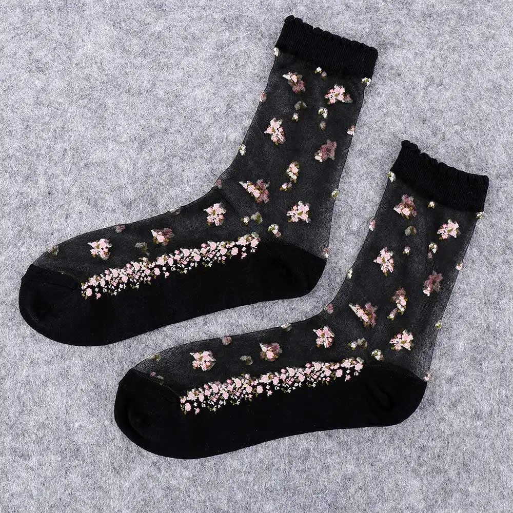 1 пара дышащих ультратонких носков летние женские прозрачные кружевные шелковые хрустальные винтажные с цветами эластичные короткие носки