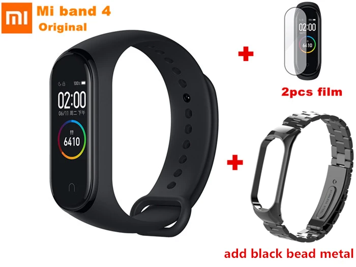 Xiaomi Mi смарт-браслет 4, Bluetooth 5,0, спортивный фитнес-браслет, музыкальный контроль, пульс, 5 АТМ, водонепроницаемый, с металлическим ремешком - Цвет: add black bead