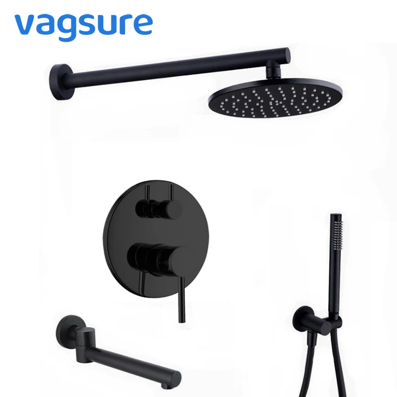 

Round Rainfall Shower Faucet Set Wall Mounted Black Electroplate Shower System with Top Shower Hand Shower Bottom Spout Bathroom