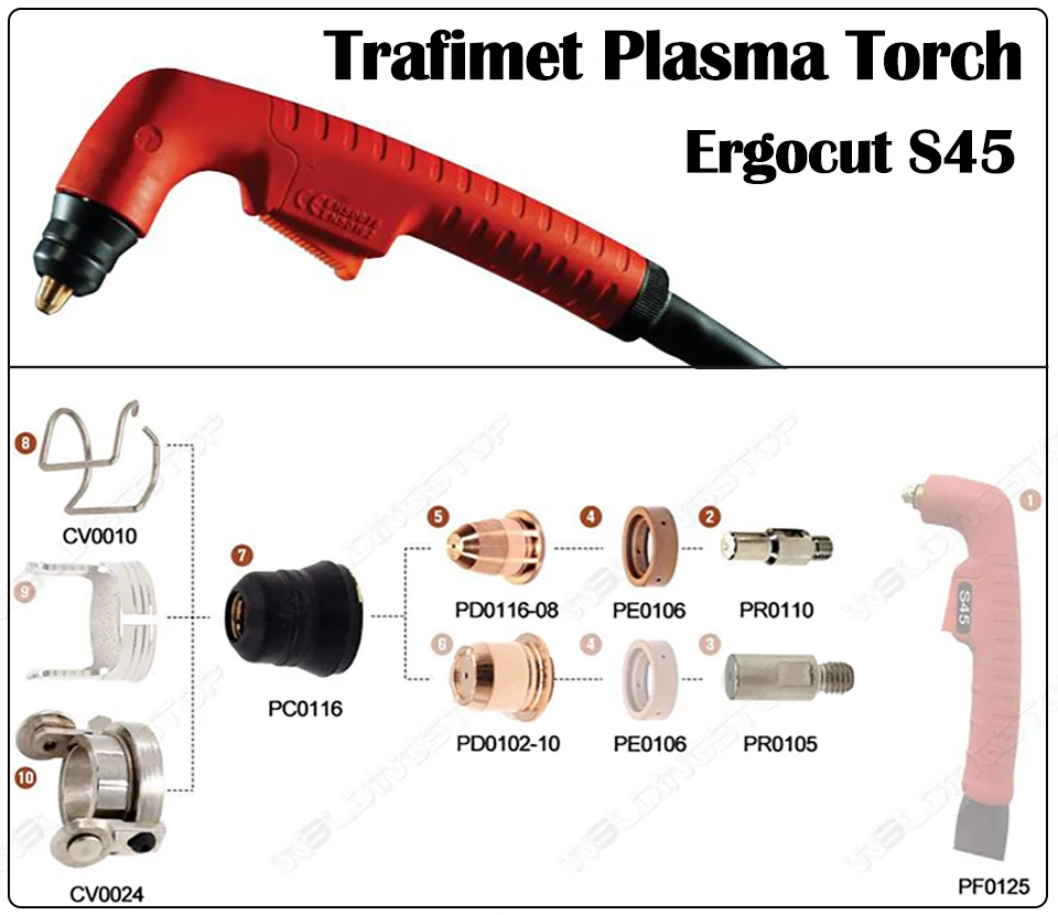 Trafimet S45 Electrode PR0105 Nozzle 50A PD0102-10 Tips 1.0mm for Plasma Cutting Torch PKG/40 flux core