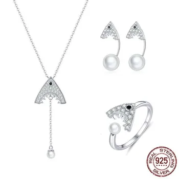 

Sterling Silver 925 Shark with Pearl Choker Necklace and Rings for Women Earrings Wedding Statement Jewelry Sets ZHS172
