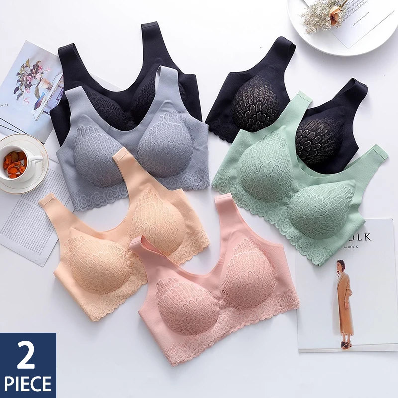 

2Pcs Seamless Bra Latex Plus Size Women Bras For Women Lace Push Up Bralette Wire Free Brassiere Bra With Pad Vest Lingerie