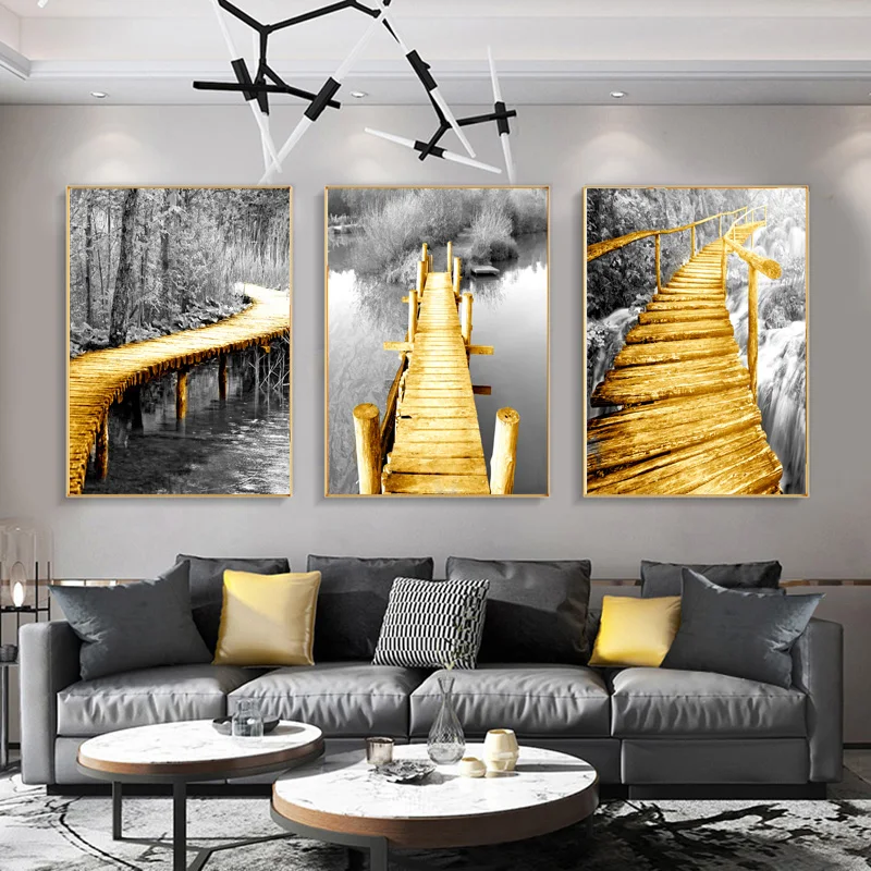 Golden Bridge Tree Lake Landscape Poster And Print Canvas Painting Wall Art Pictures For Living Room Home Decor No Frame