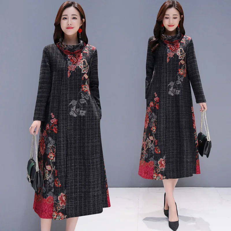 

2019 New Style Autumn Retro Elegant Thousands of Birds Skirt Loose-Fit Mid-length Large Size Floral Printed Dress Autumn And Win